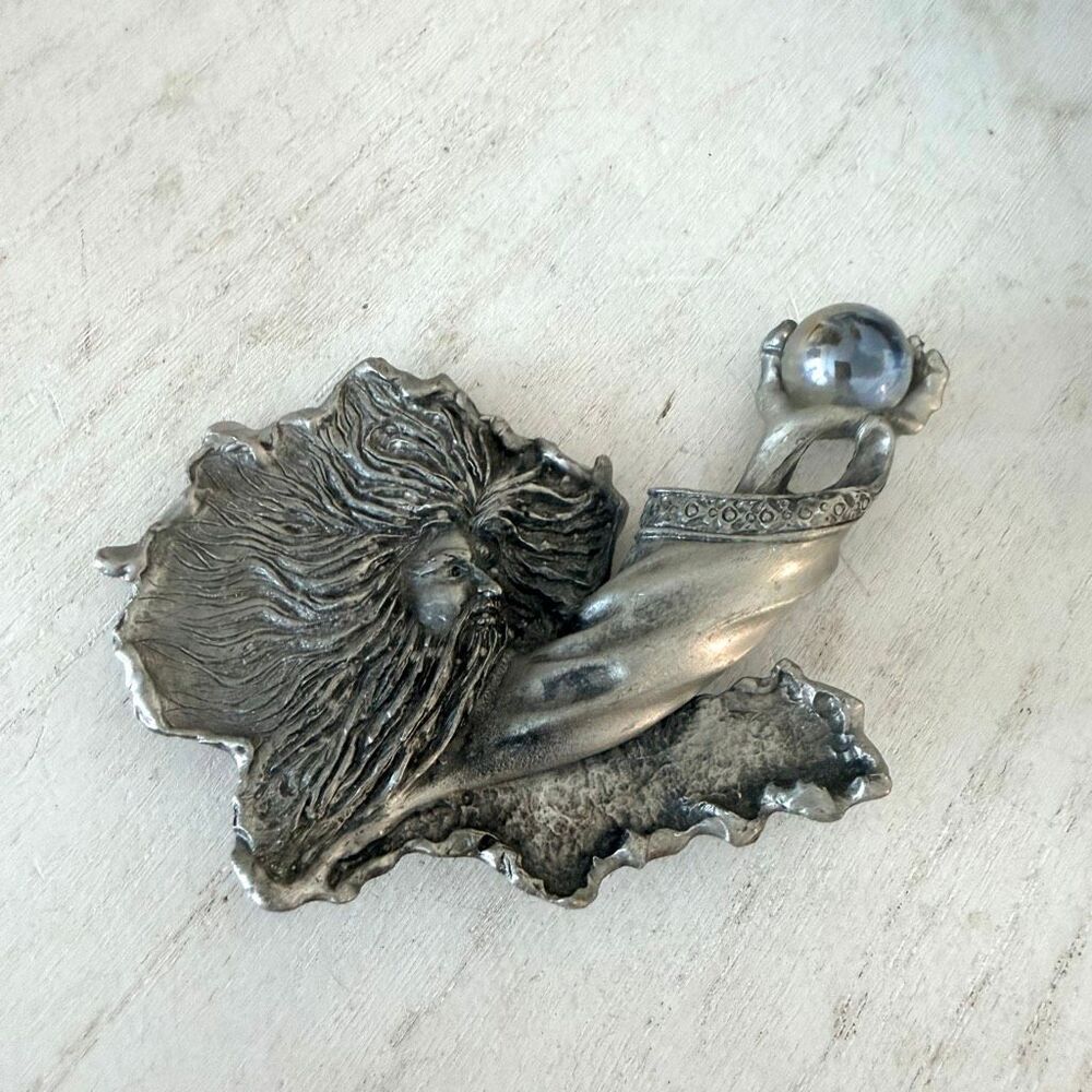 Vintage JJ Jonette Jewelry Merlin Wizard Crystal Ball Pewter Brooch
